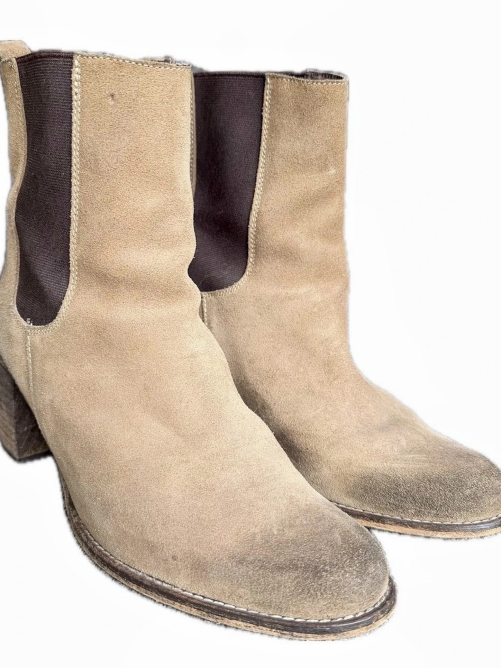 Blonde Suede Block Heel Ankle Boots in Sand